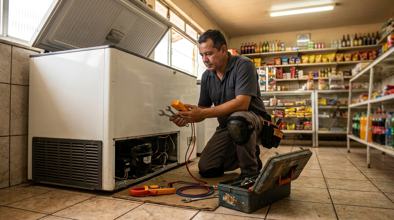 Profissional executando manutenção no motor de freezer em Maceió‑AL