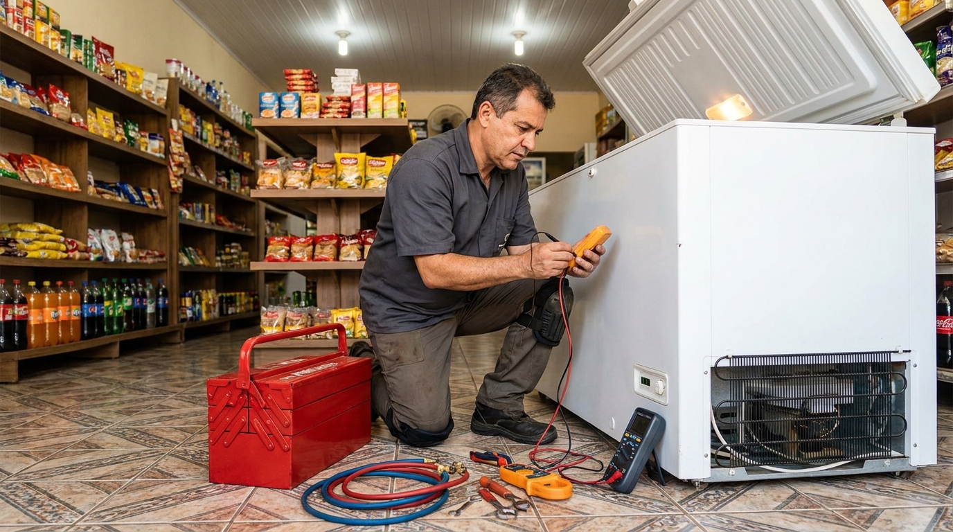 Recarga de gás refrigerante no freezer durante atendimento em Maceió‑AL
