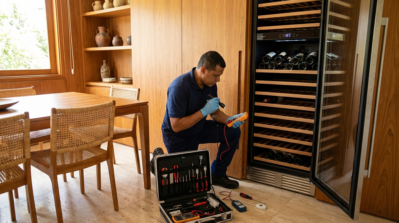 Substituição de termostato em adega climatizada em visita técnica na Levada, Maceió‑AL